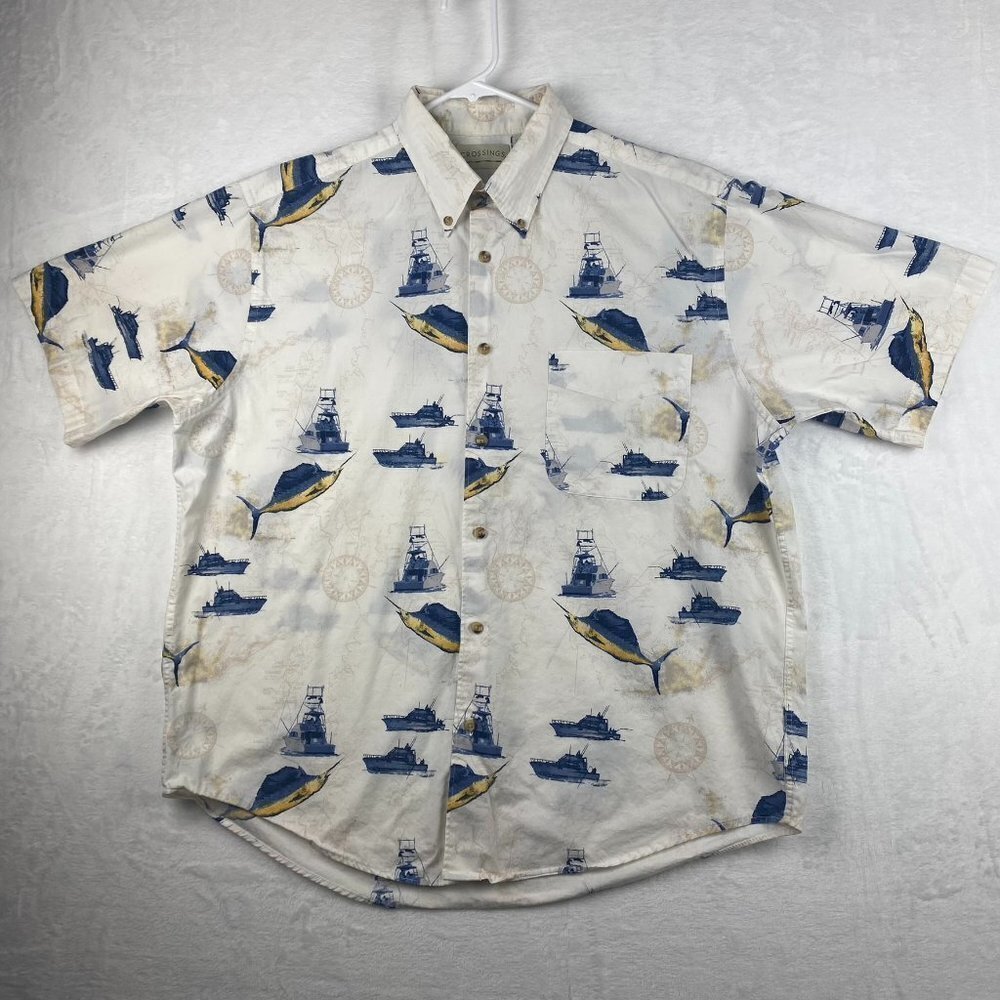 Crossings Button Up Shirt Mens Large Sailboat Short Sleeve